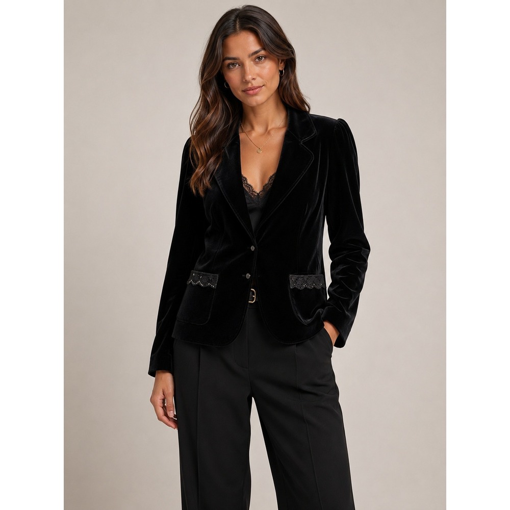 August Silk Sportswear Blazer Jacket Womens 14 Black Velvet Lace Trim Whimsigoth